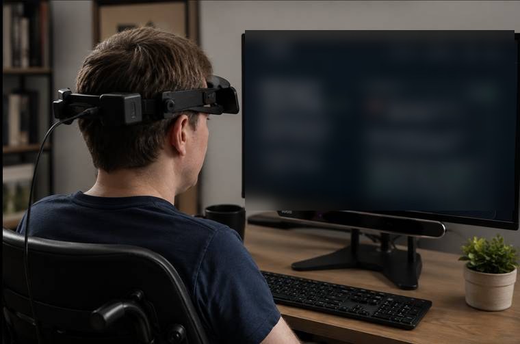 Dearbh’s founder at his desk in a wheelchair, wearing a head-mounted eye-tracking device, working at a computer.